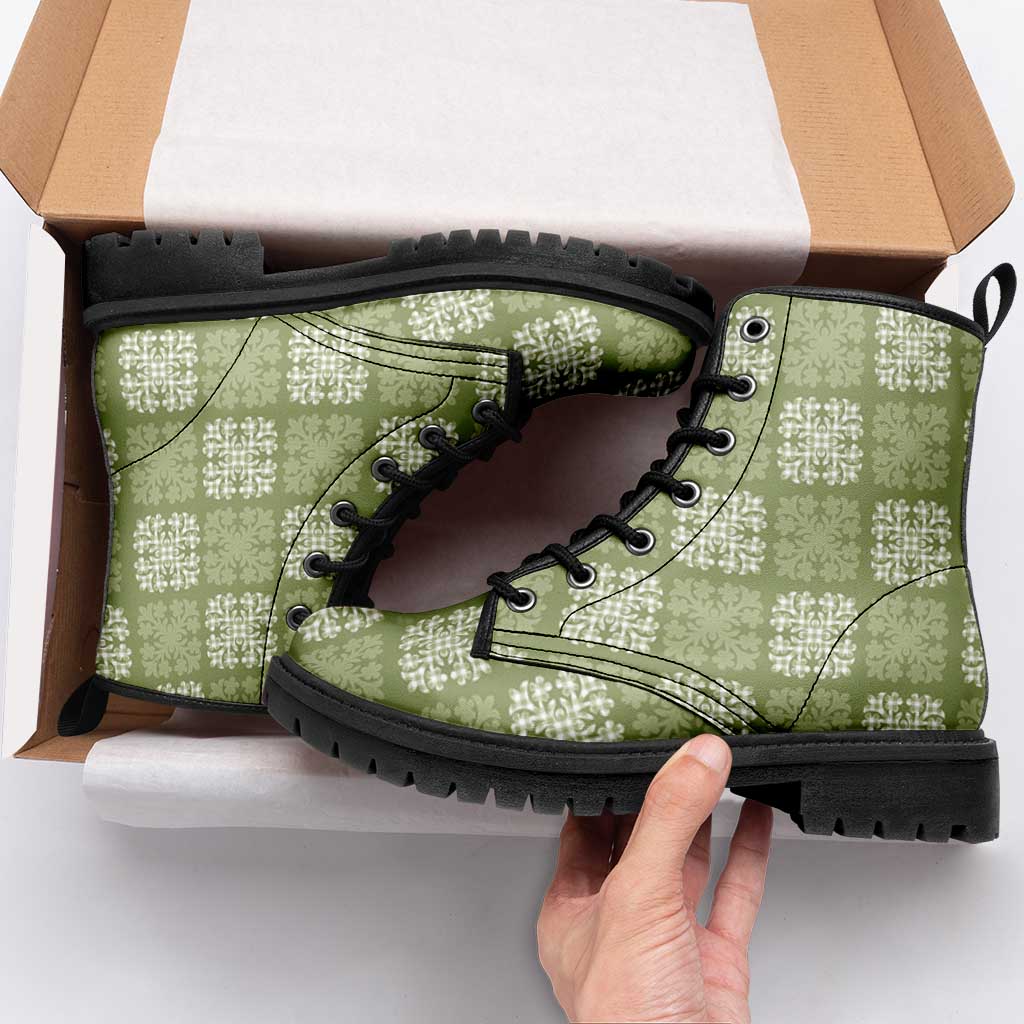 Vesuvian Green Palaka Quilt Hawaii Leather Boots Traditional Hawaii-plaid Pattern - Polynesian Pride