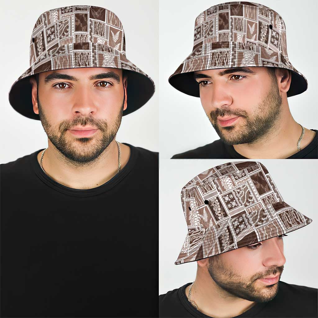 Vintage Aloha Block Quilt Bucket Hat Beige Inspired Lei Motifs - Polynesian Pride