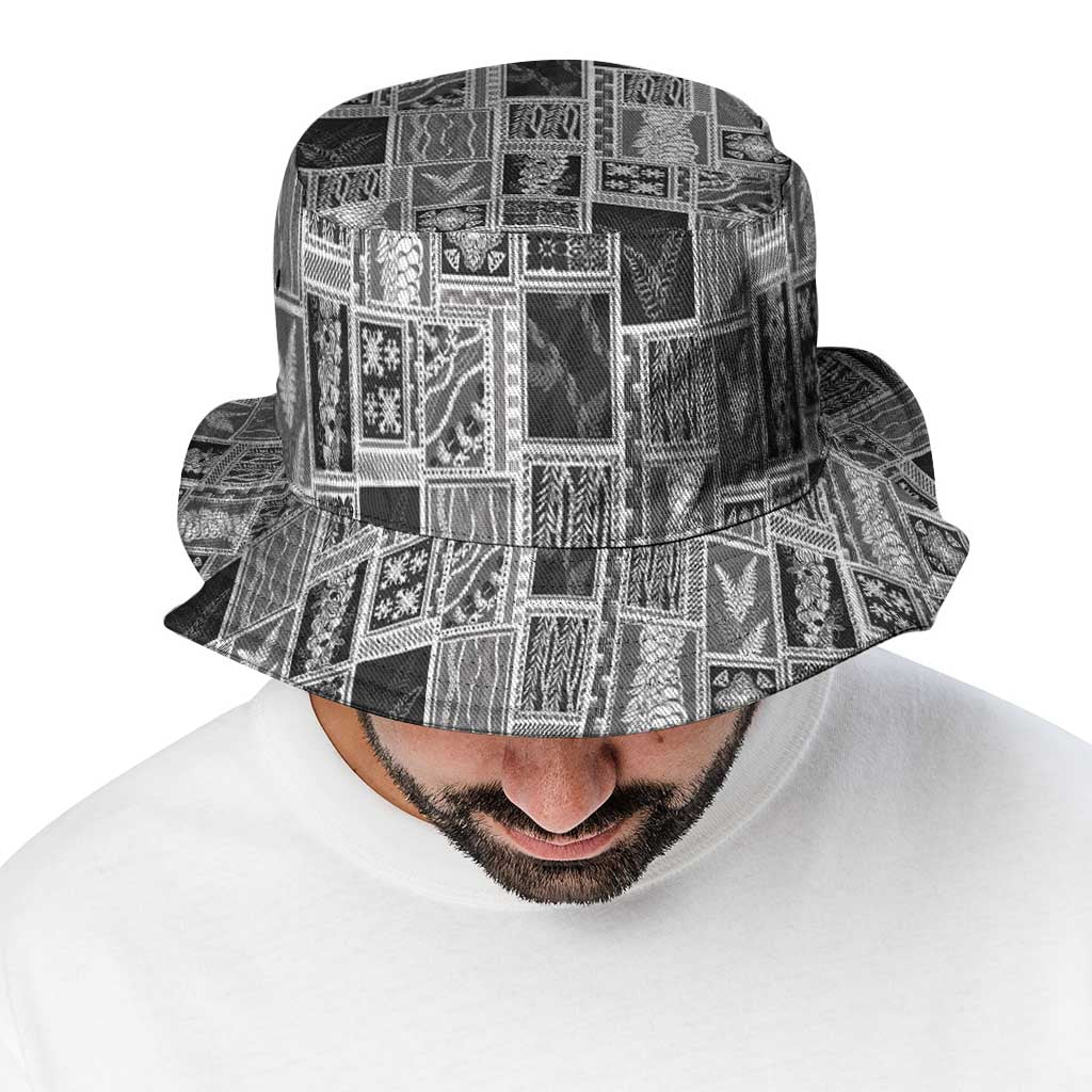 Vintage Aloha Block Quilt Bucket Hat Black Inspired Lei Motifs - Polynesian Pride