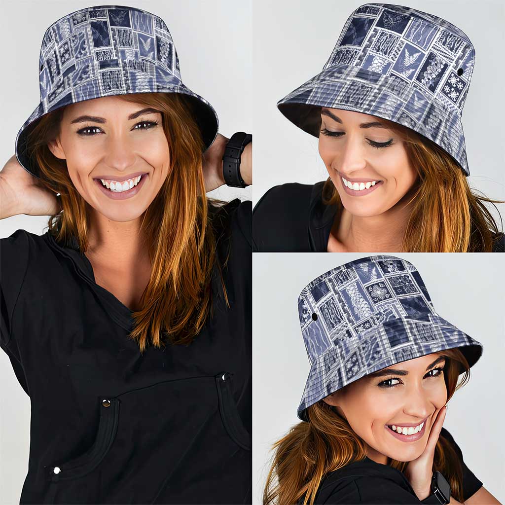 Vintage Aloha Block Quilt Bucket Hat Blue Inspired Lei Motifs - Polynesian Pride