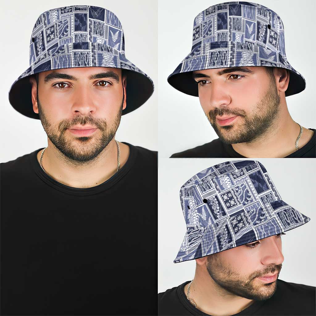 Vintage Aloha Block Quilt Bucket Hat Blue Inspired Lei Motifs - Polynesian Pride