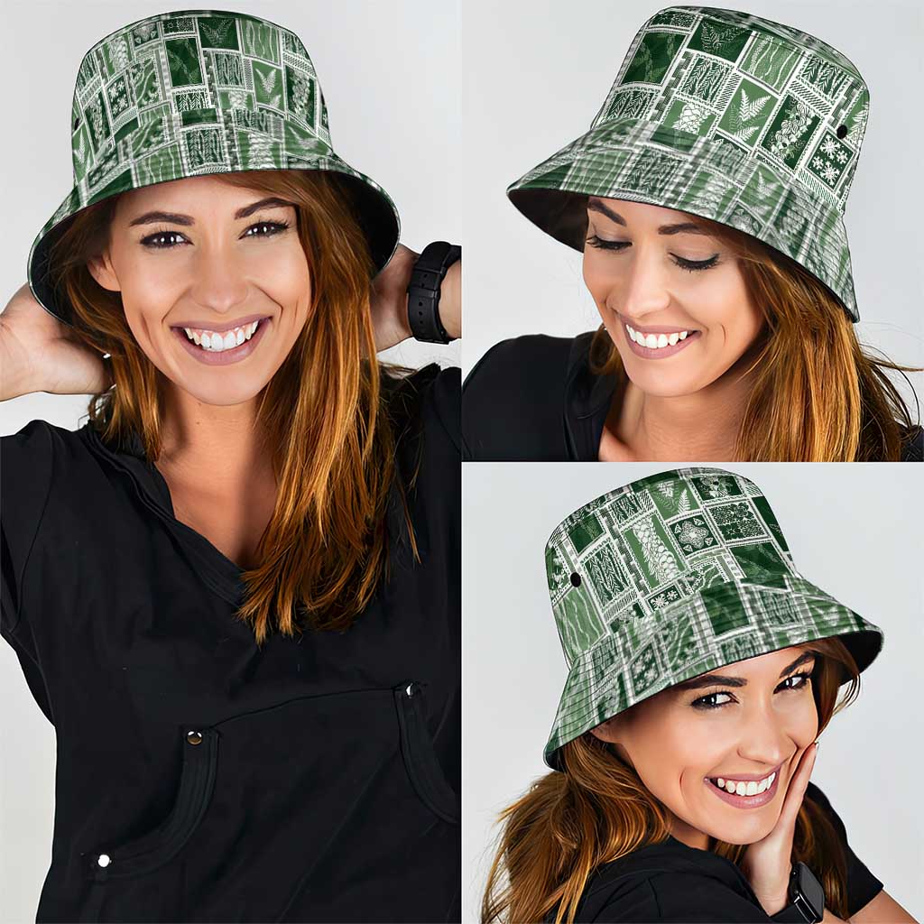 Vintage Aloha Block Quilt Bucket Hat Green Inspired Lei Motifs - Polynesian Pride