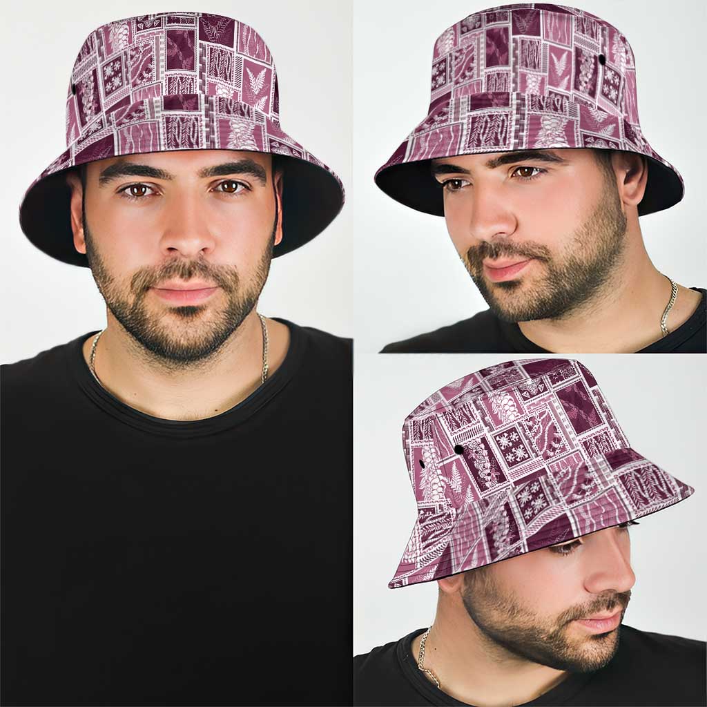 Vintage Aloha Block Quilt Bucket Hat Pink Inspired Lei Motifs - Polynesian Pride