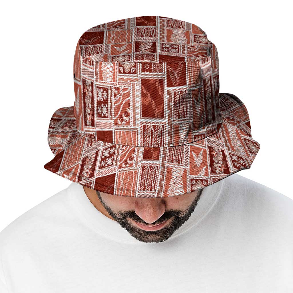 Vintage Aloha Block Quilt Bucket Hat Red Inspired Lei Motifs - Polynesian Pride