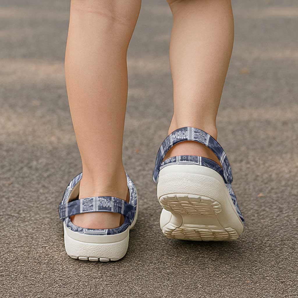 Vintage Aloha Block Quilt Clogs Shoes Blue Inspired Lei Motifs - Polynesian Pride