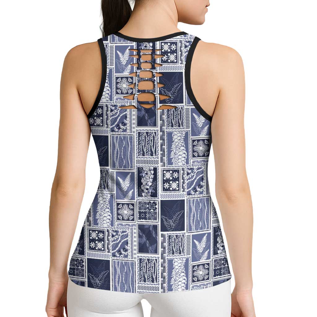 Vintage Aloha Block Quilt Hollow Tank Top Blue Inspired Lei Motifs - Polynesian Pride