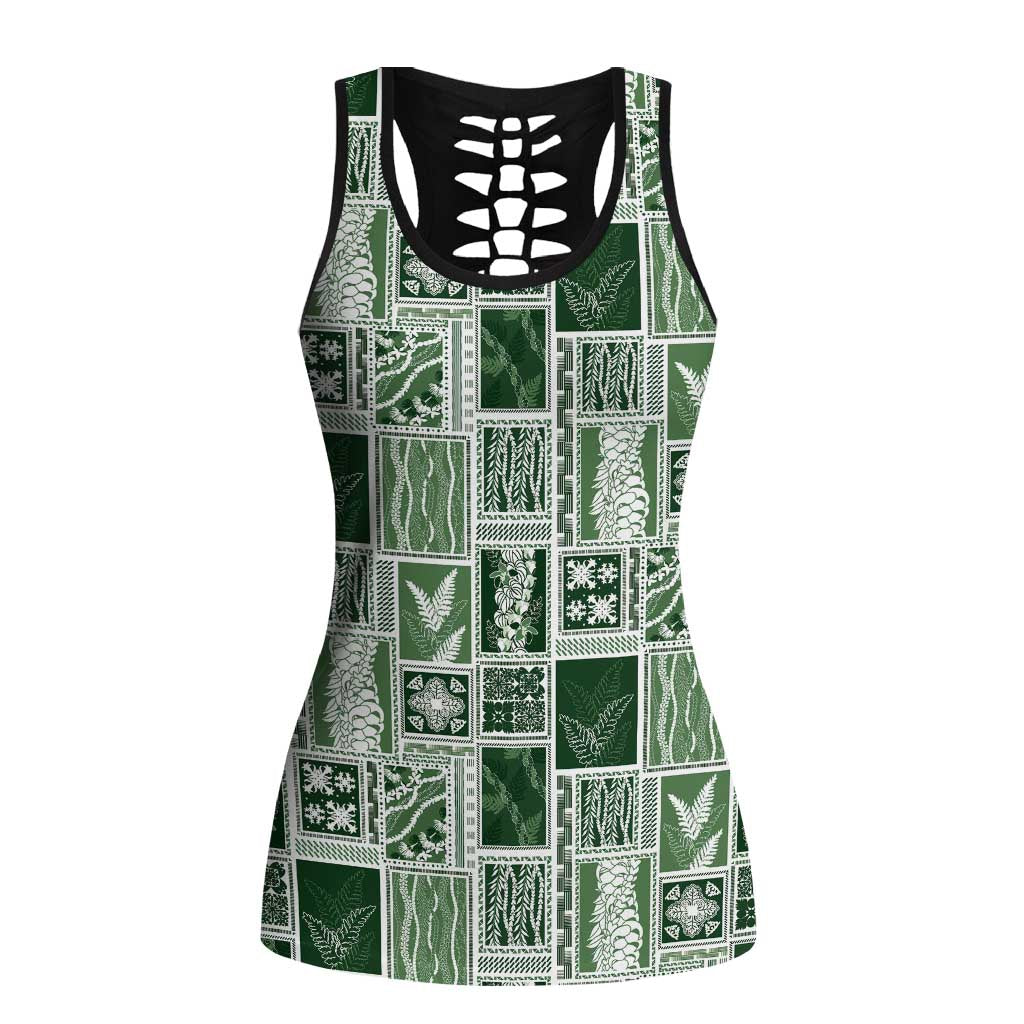 Vintage Aloha Block Quilt Hollow Tank Top Green Inspired Lei Motifs - Polynesian Pride