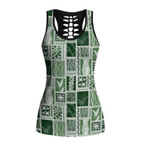 Vintage Aloha Block Quilt Hollow Tank Top Green Inspired Lei Motifs - Polynesian Pride