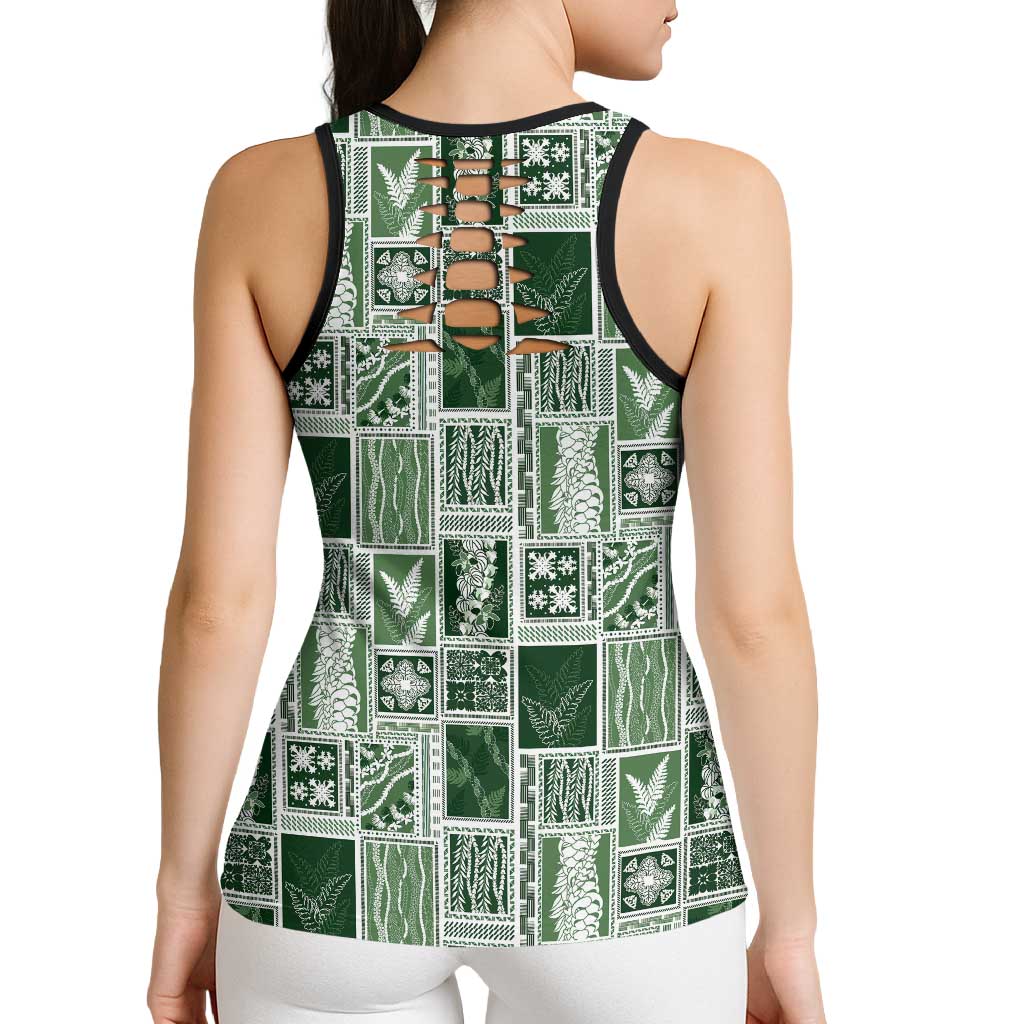Vintage Aloha Block Quilt Hollow Tank Top Green Inspired Lei Motifs - Polynesian Pride