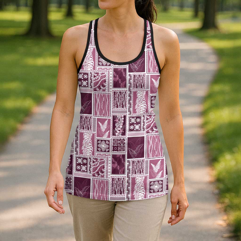 Vintage Aloha Block Quilt Hollow Tank Top Pink Inspired Lei Motifs - Polynesian Pride