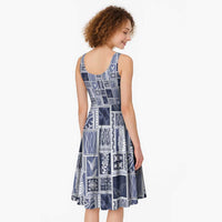 Vintage Aloha Block Quilt Midi Dress Blue Inspired Lei Motifs - Polynesian Pride