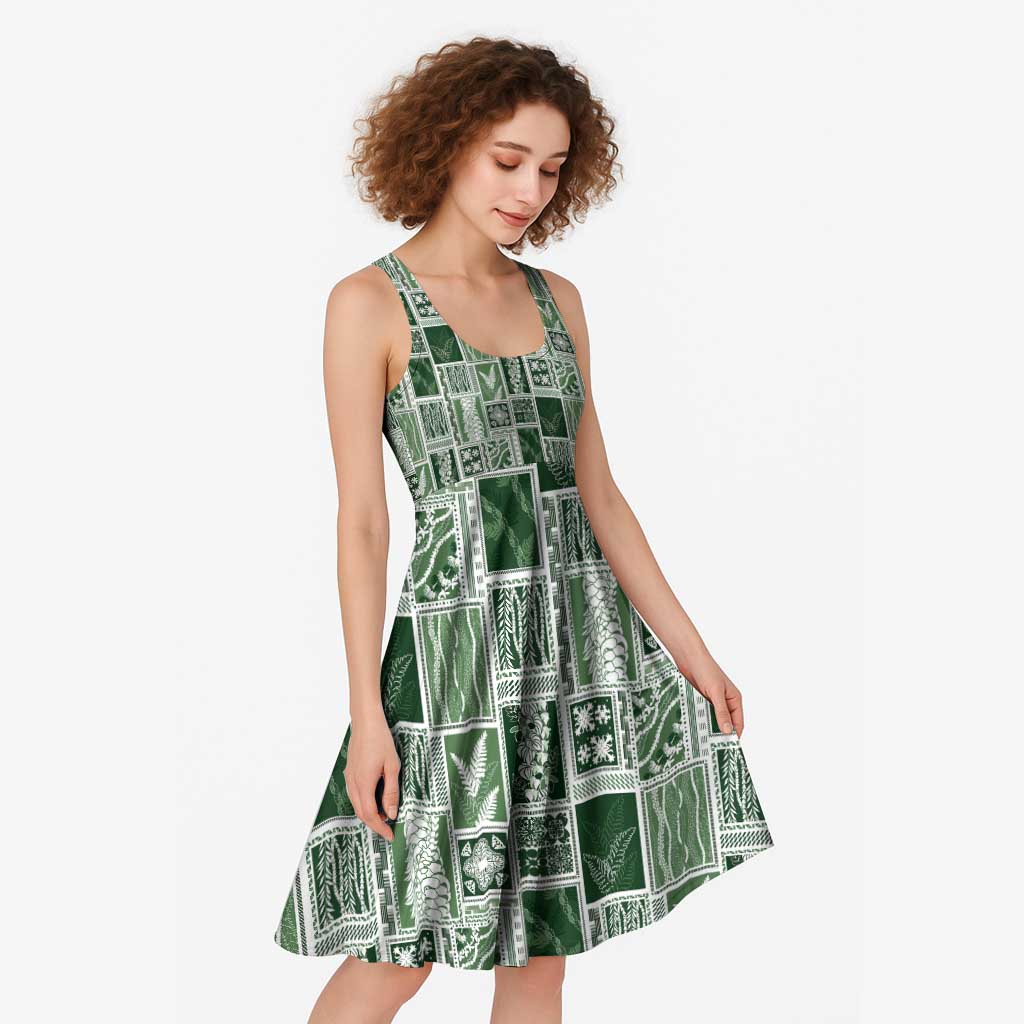 Vintage Aloha Block Quilt Midi Dress Green Inspired Lei Motifs - Polynesian Pride