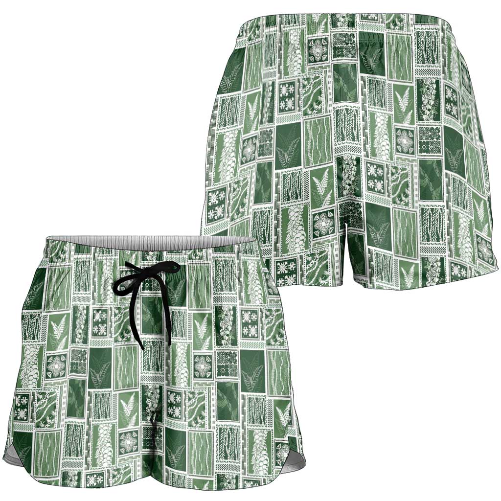 Vintage Aloha Block Quilt Shorts for Women Green Inspired Lei Motifs - Polynesian Pride