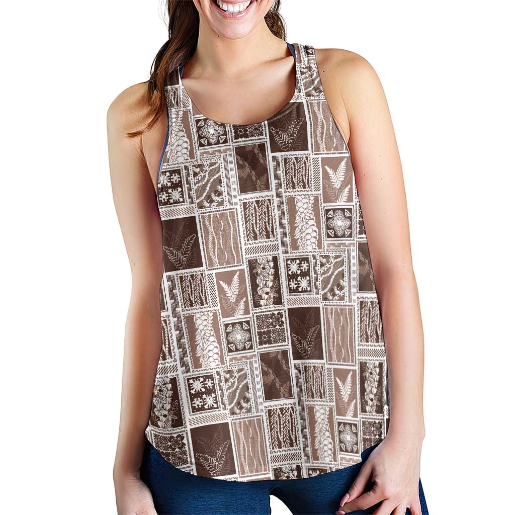 Vintage Aloha Block Quilt Women Racerback Tank Beige Inspired Lei Motifs - Polynesian Pride