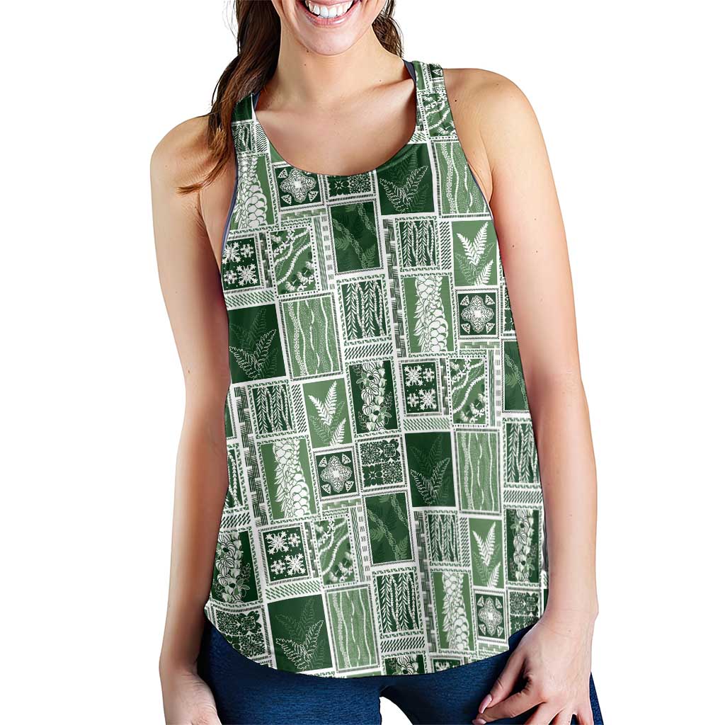Vintage Aloha Block Quilt Women Racerback Tank Green Inspired Lei Motifs - Polynesian Pride