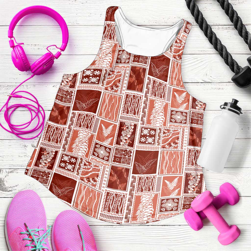 Vintage Aloha Block Quilt Women Racerback Tank Red Inspired Lei Motifs - Polynesian Pride