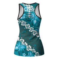 Vintage Dark Cyan Polynesia Hollow Tank Top Plumeria With Hibiscus Tropical Vibes - Polynesian Pride