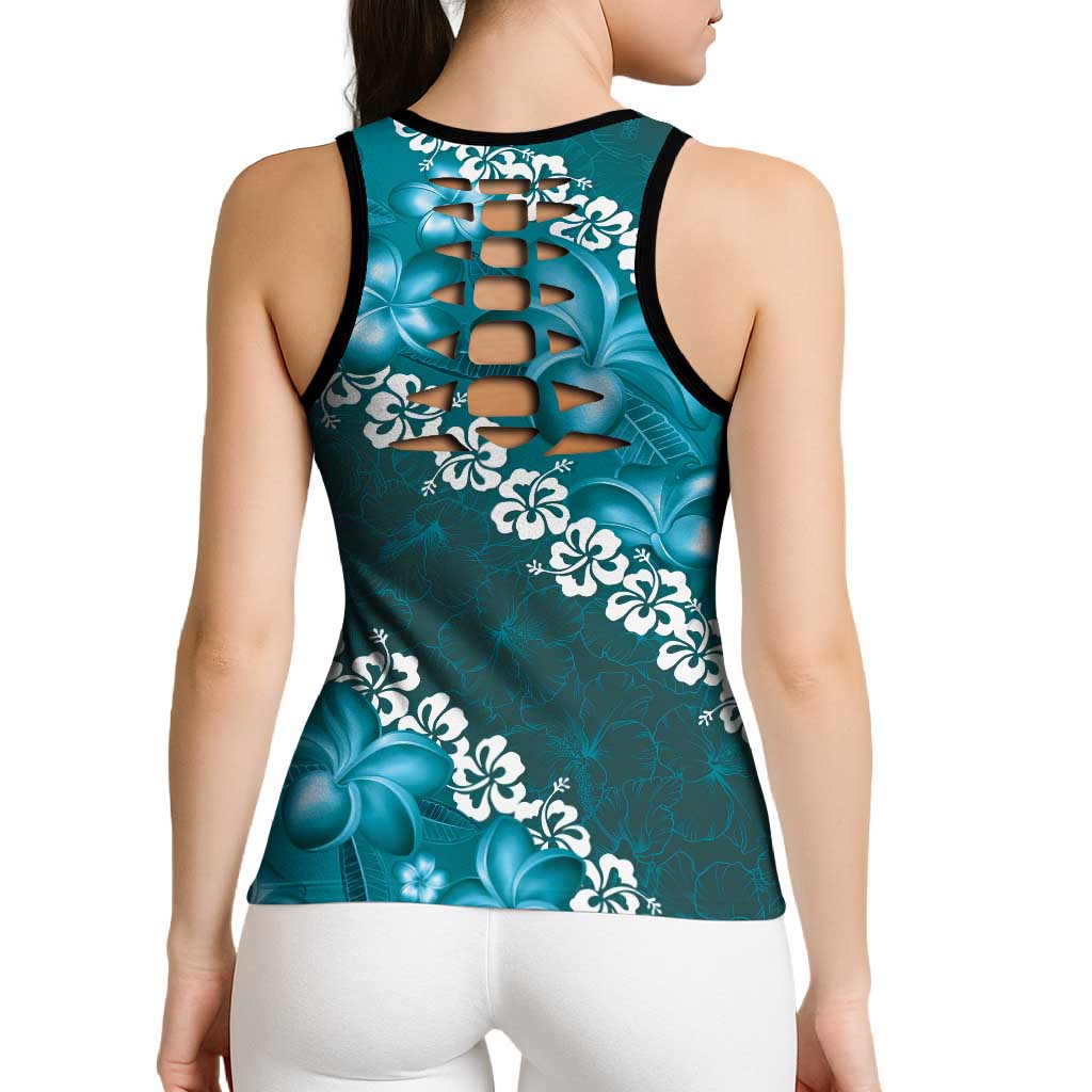 Vintage Dark Cyan Polynesia Hollow Tank Top Plumeria With Hibiscus Tropical Vibes - Polynesian Pride