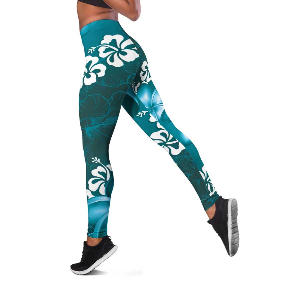 Vintage Dark Cyan Polynesia Leggings Plumeria With Hibiscus Tropical Vibes - Polynesian Pride