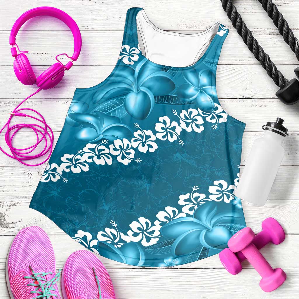 Vintage Dark Cyan Polynesia Women Racerback Tank Plumeria With Hibiscus Tropical Vibes - Polynesian Pride