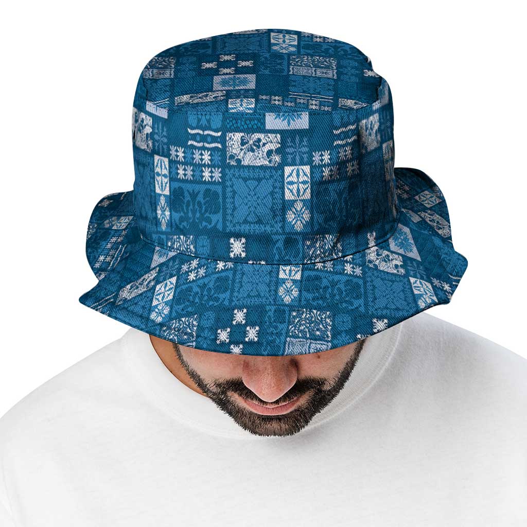 Vintage Hawaiian Quilting Patterns Bucket Hat Blue Style Tribal Fabric Patchwork - Polynesian Pride