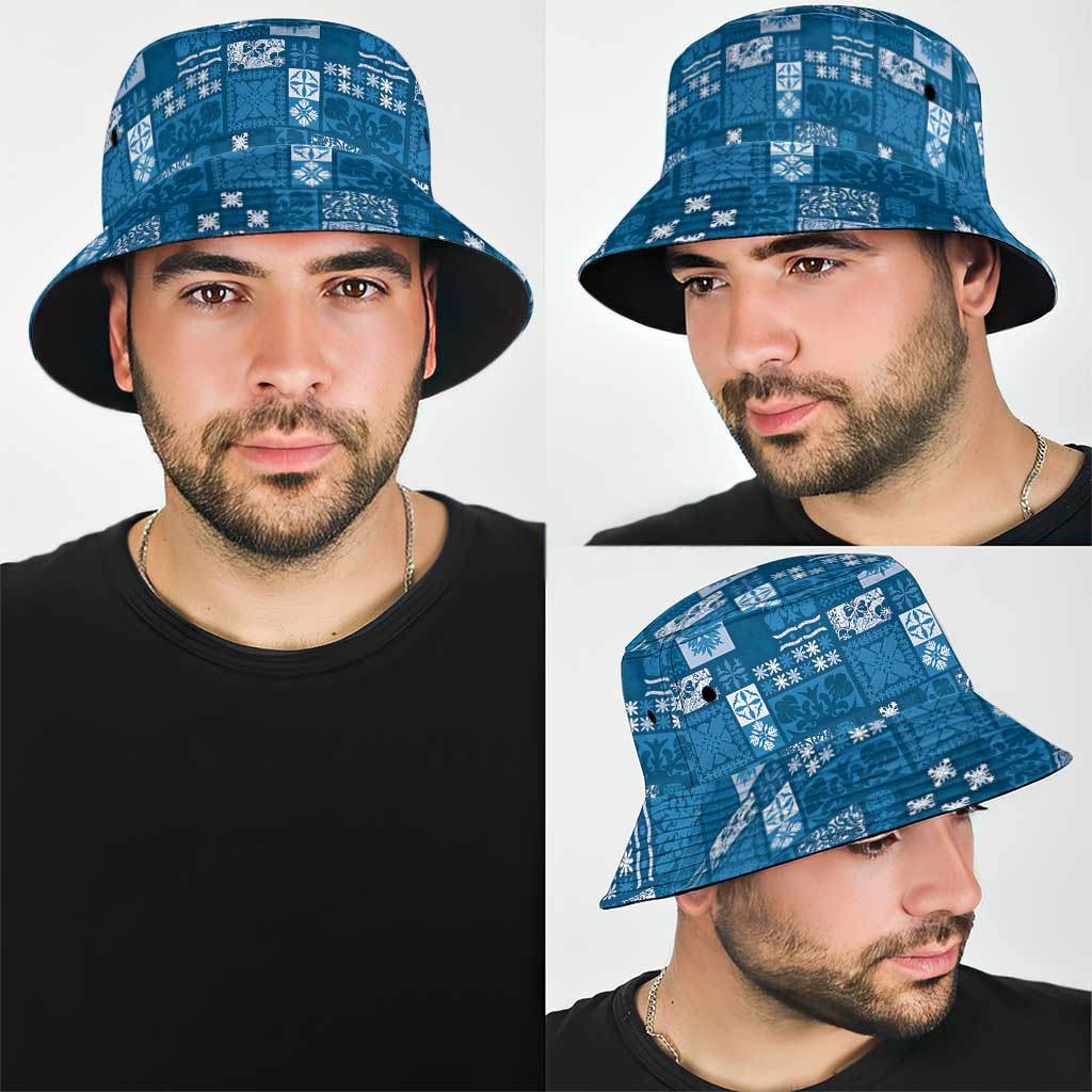 Vintage Hawaiian Quilting Patterns Bucket Hat Blue Style Tribal Fabric Patchwork - Polynesian Pride