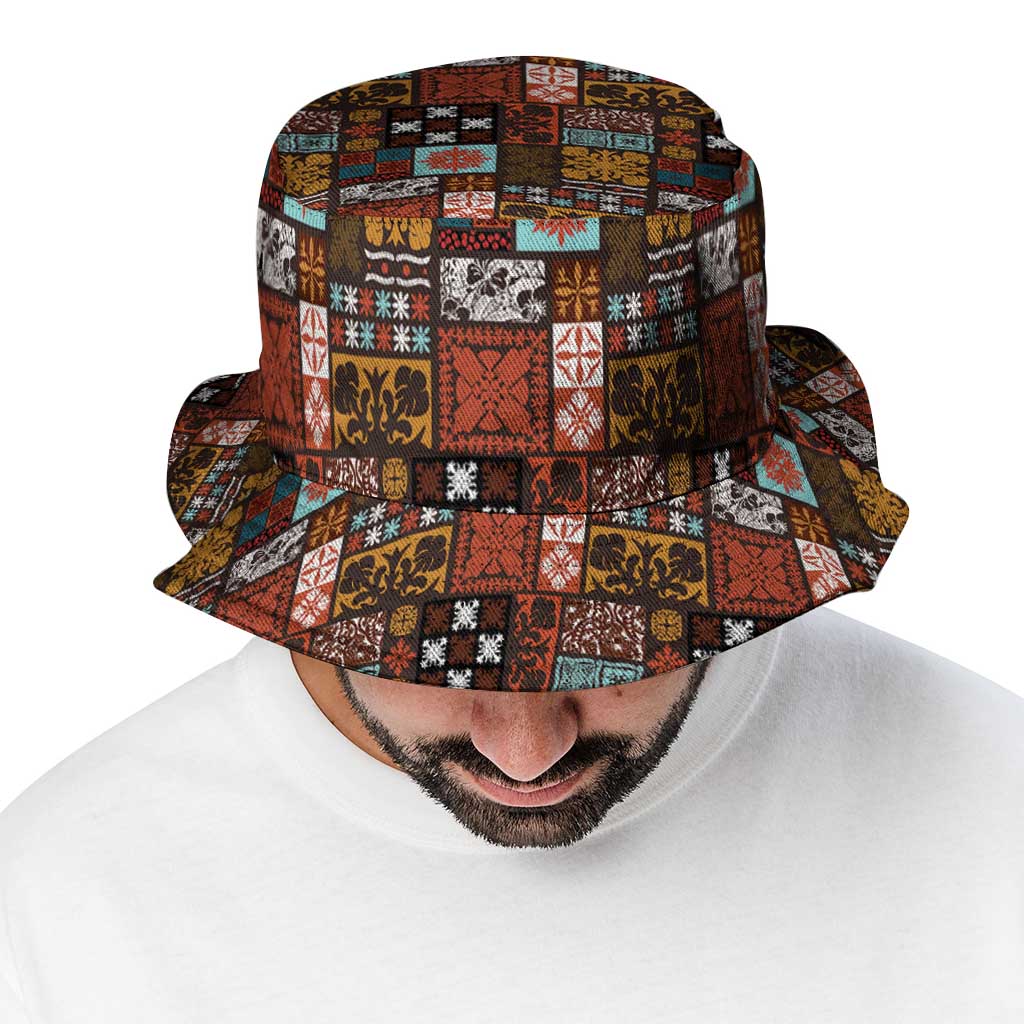 Vintage Hawaiian Quilting Patterns Bucket Hat Brown Style Tribal Fabric Patchwork - Polynesian Pride