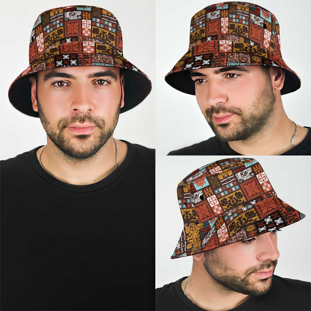 Vintage Hawaiian Quilting Patterns Bucket Hat Brown Style Tribal Fabric Patchwork - Polynesian Pride