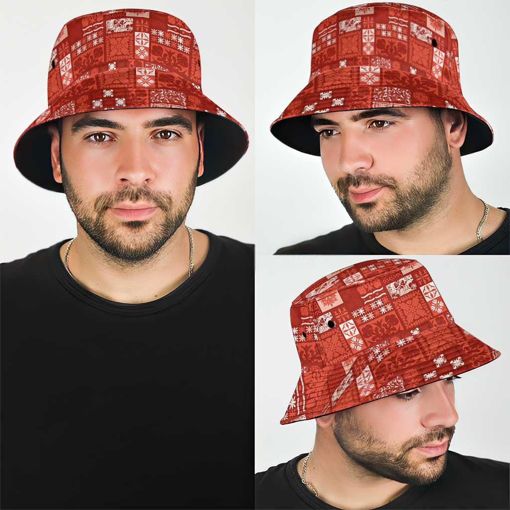 Vintage Hawaiian Quilting Patterns Bucket Hat Red Style Tribal Fabric Patchwork - Polynesian Pride