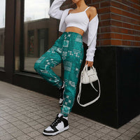 Vintage Hawaiian Quilting Patterns Jogger Pants Turquoise Style Tribal Fabric Patchwork - Polynesian Pride