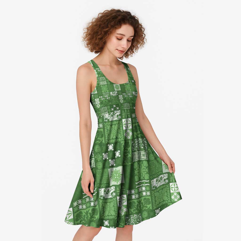Vintage Hawaiian Quilting Patterns Midi Dress Green Style Tribal Fabric Patchwork - Polynesian Pride
