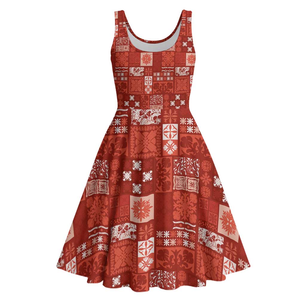 Vintage Hawaiian Quilting Patterns Midi Dress Red Style Tribal Fabric Patchwork - Polynesian Pride
