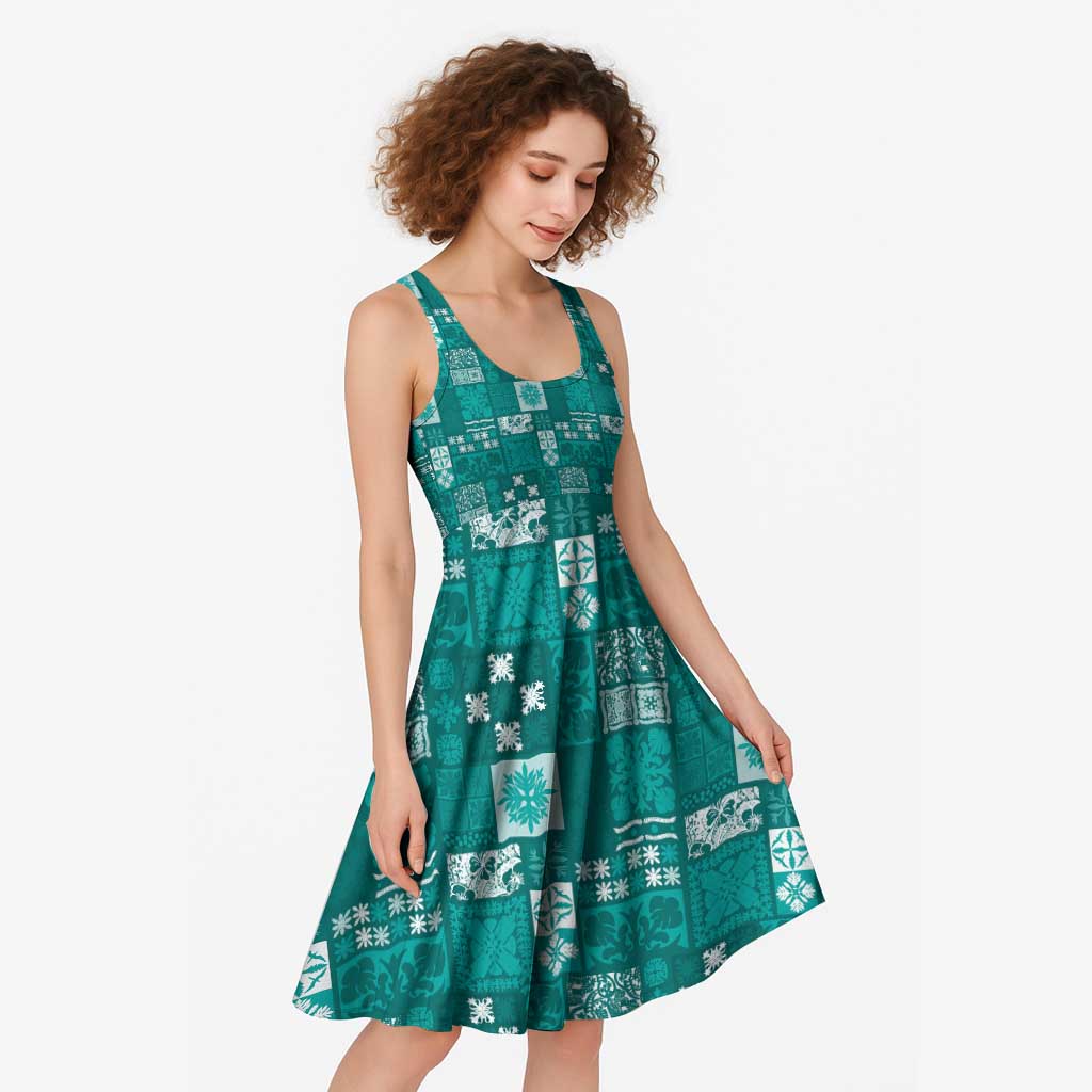 Vintage Hawaiian Quilting Patterns Midi Dress Turquoise Style Tribal Fabric Patchwork - Polynesian Pride