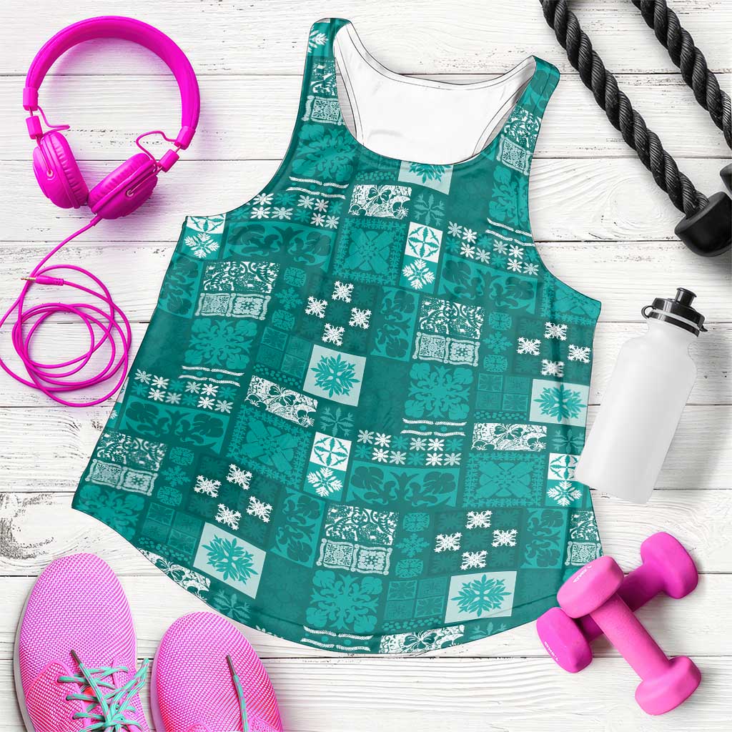 Vintage Hawaiian Quilting Patterns Women Racerback Tank Turquoise Style Tribal Fabric Patchwork - Polynesian Pride