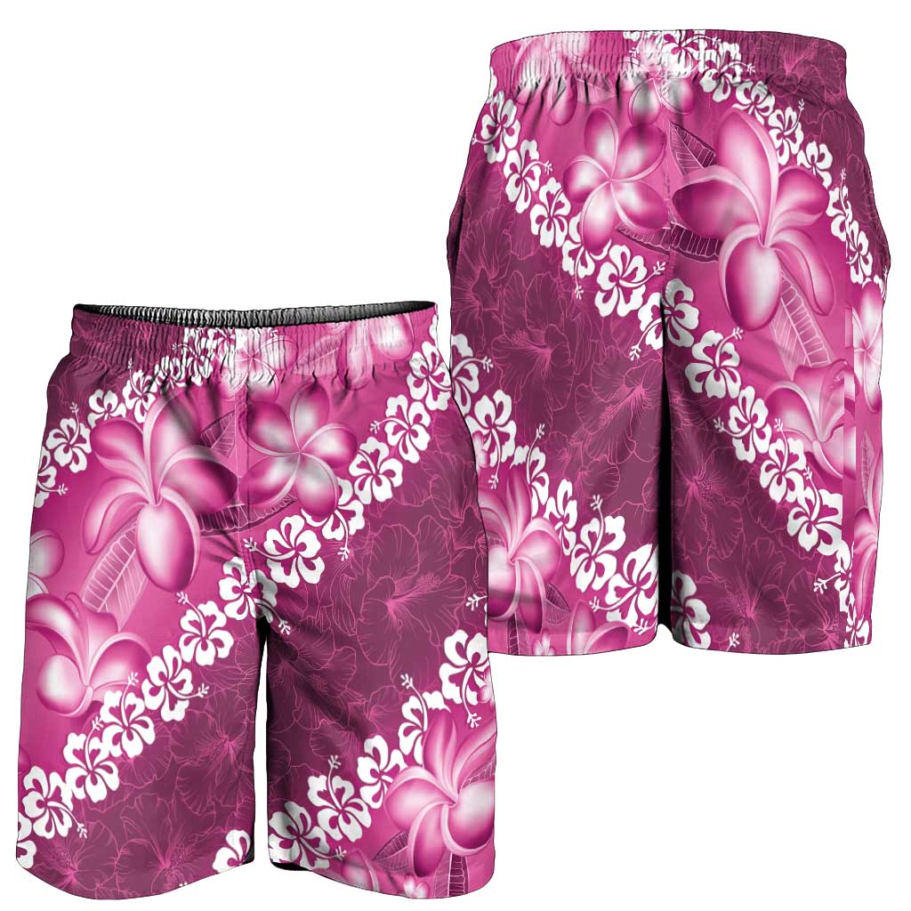 Vintage Pink Polynesia Shorts for Men Plumeria With Hibiscus Tropical Vibes - Polynesian Pride