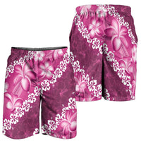 Vintage Pink Polynesia Shorts for Men Plumeria With Hibiscus Tropical Vibes - Polynesian Pride