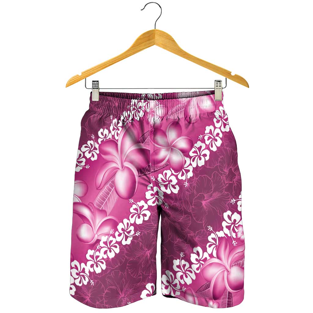 Vintage Pink Polynesia Shorts for Men Plumeria With Hibiscus Tropical Vibes - Polynesian Pride