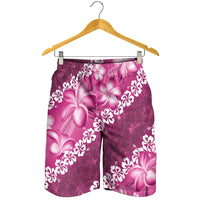 Vintage Pink Polynesia Shorts for Men Plumeria With Hibiscus Tropical Vibes - Polynesian Pride