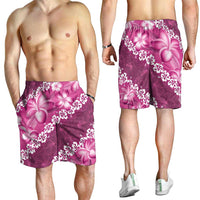 Vintage Pink Polynesia Shorts for Men Plumeria With Hibiscus Tropical Vibes - Polynesian Pride