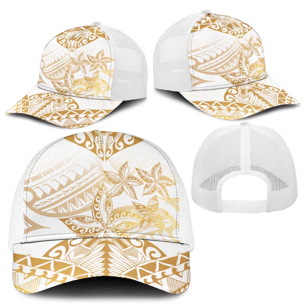 White and Gold Polynesia Baseball Net Cap Plumeria Tattoo With Polynesian Pattern - Polynesian Pride