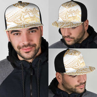 White and Gold Polynesia Mesh Trucker Cap Plumeria Tattoo With Polynesian Pattern - Polynesian Pride