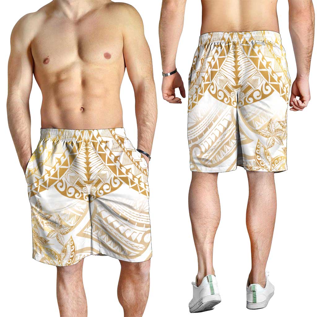 White and Gold Polynesia Shorts for Men Plumeria Tattoo With Polynesian Pattern - Polynesian Pride
