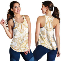 White and Gold Polynesia Women Racerback Tank Plumeria Tattoo With Polynesian Pattern - Polynesian Pride