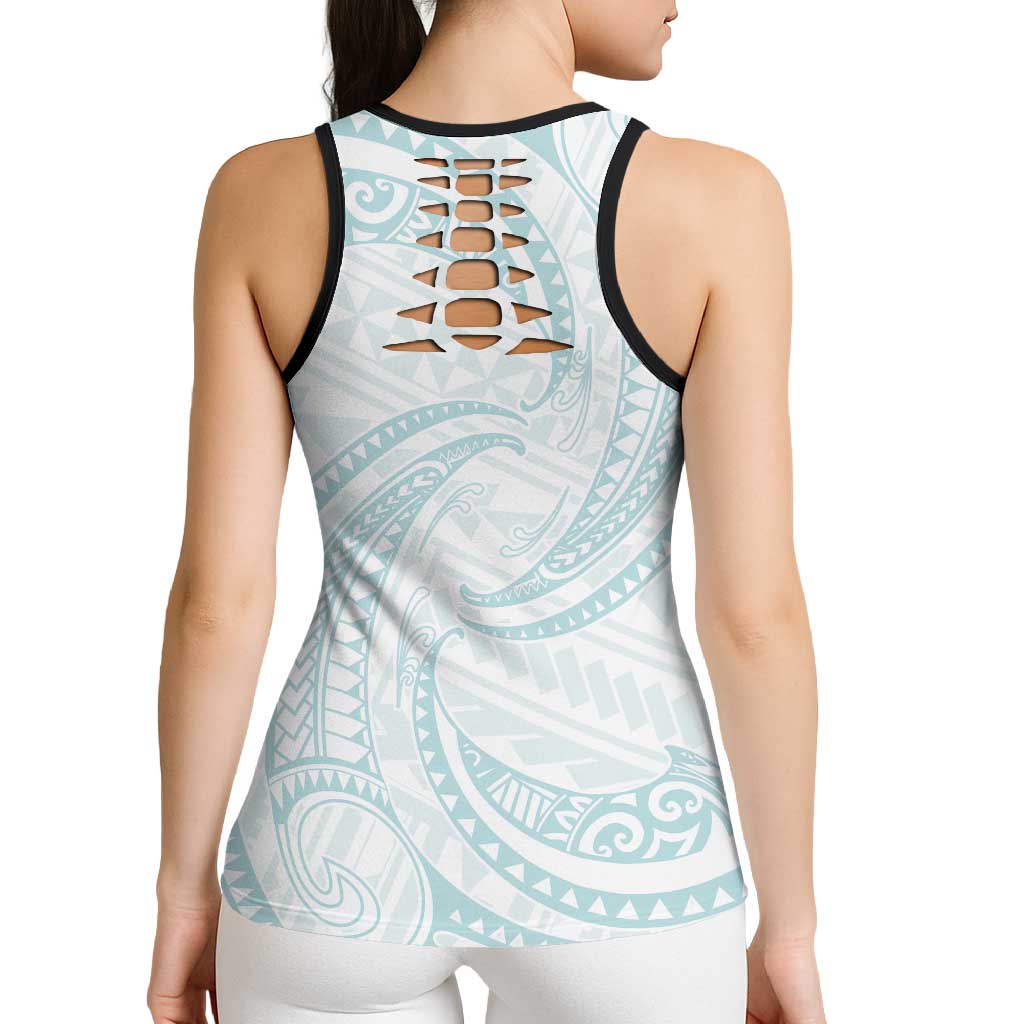 White Sunday Lotu Tamaiti Hollow Tank Top Polynesian Wave Pastel Cyan - Polynesian Pride