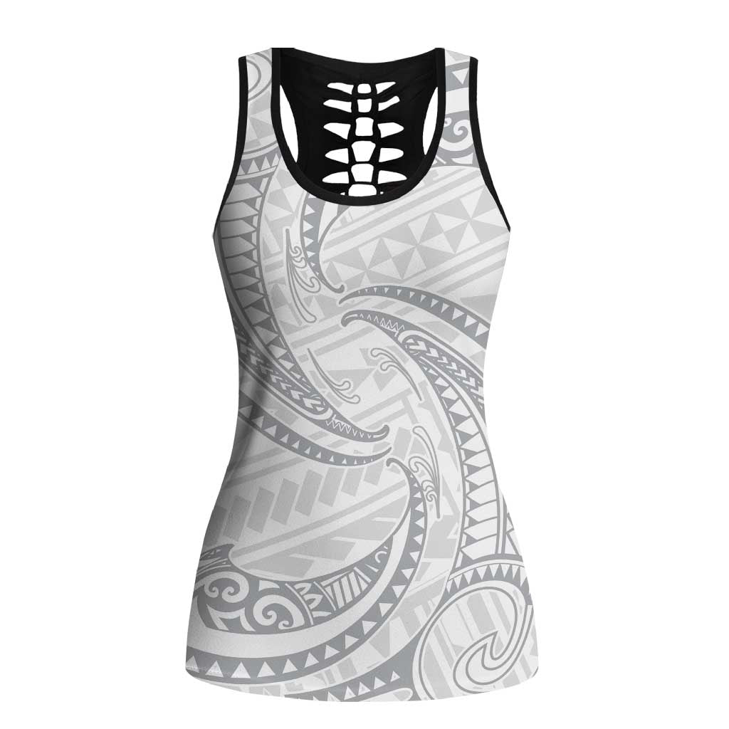 White Sunday Lotu Tamaiti Hollow Tank Top Polynesian Wave Pastel Gray - Polynesian Pride