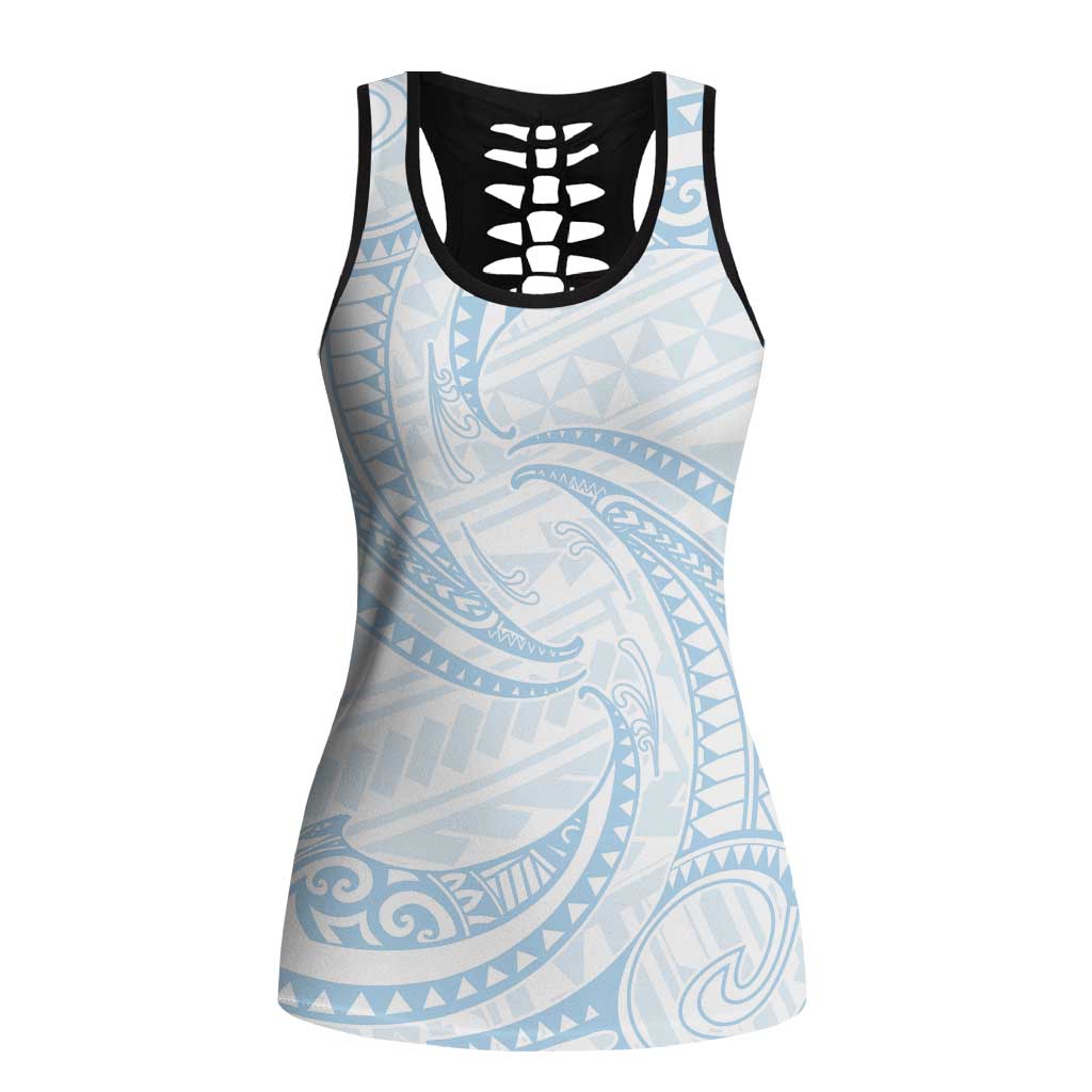 White Sunday Lotu Tamaiti Hollow Tank Top Polynesian Wave Pastel Sky Blue - Polynesian Pride