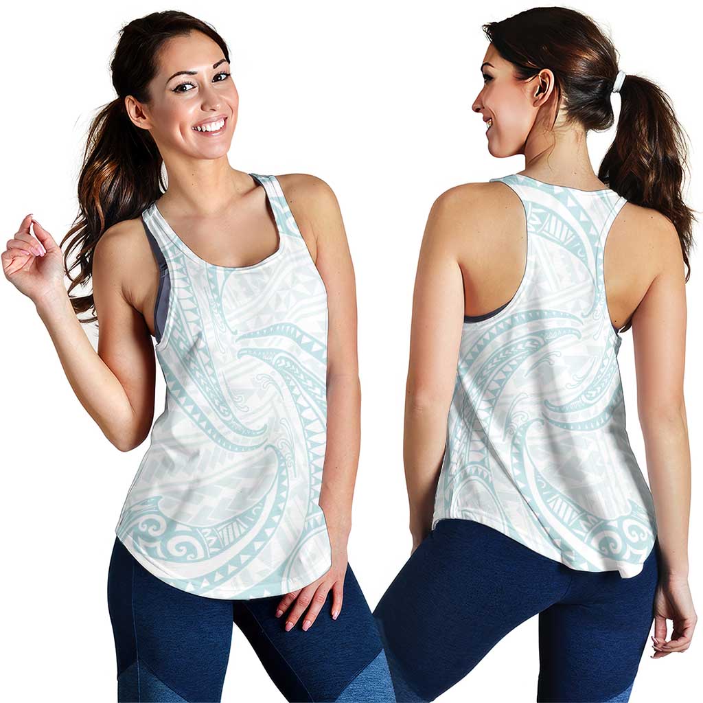 White Sunday Lotu Tamaiti Women Racerback Tank Polynesian Wave Pastel Cyan - Polynesian Pride