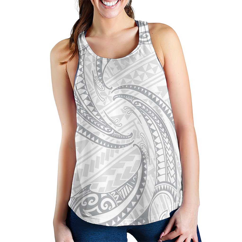 White Sunday Lotu Tamaiti Women Racerback Tank Polynesian Wave Pastel Gray - Polynesian Pride