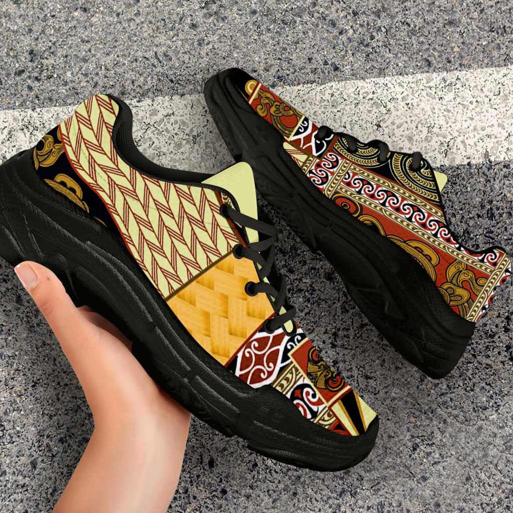 Yellow Aotearoa Kowhaiwhai Pattern Chunky Sneakers NZ Maori Quilt Style - Polynesian Pride