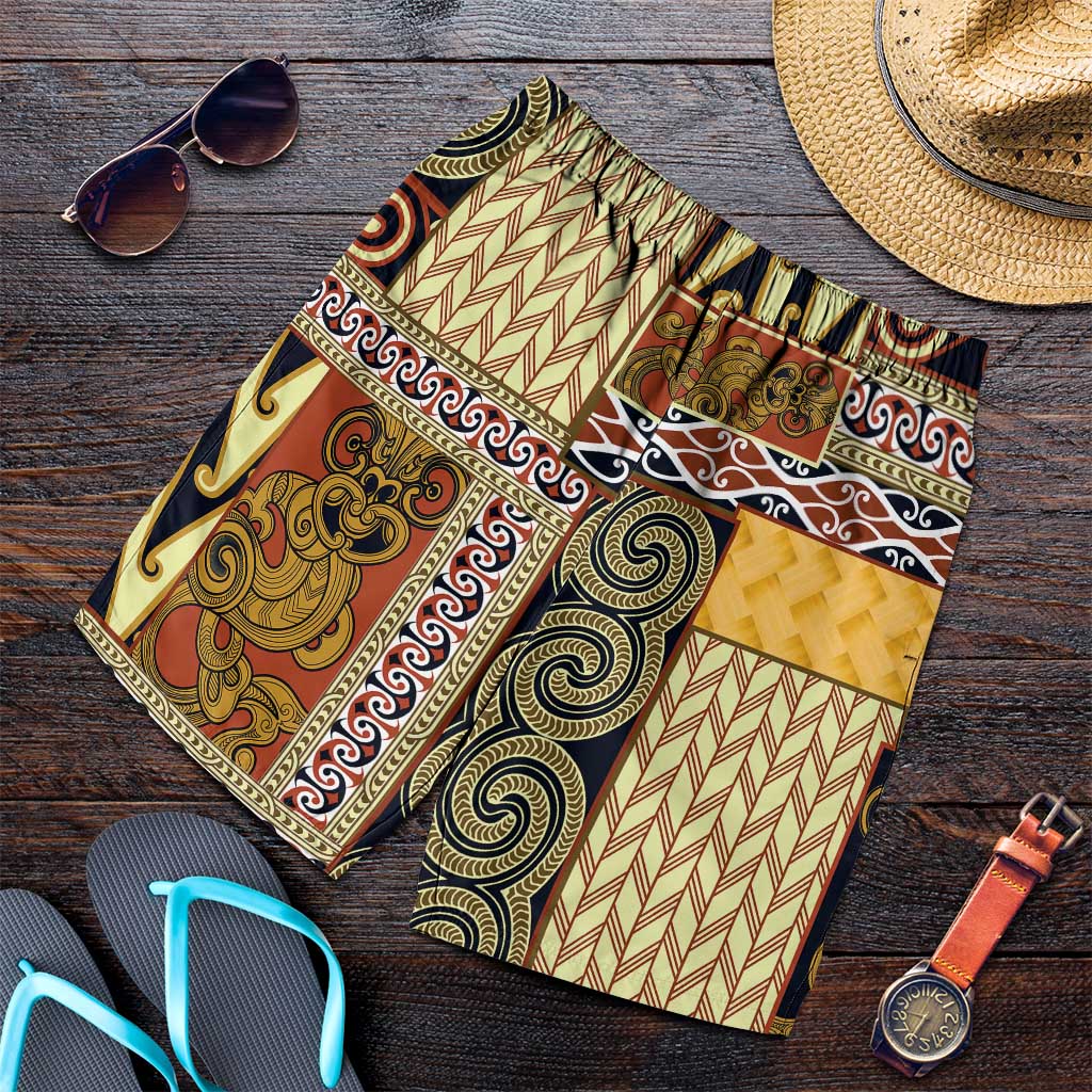 Yellow Aotearoa Kowhaiwhai Pattern Shorts for Men NZ Maori Quilt Style - Polynesian Pride